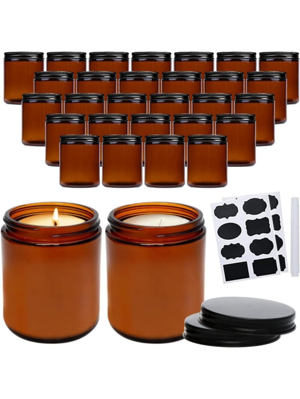 Set of 30 Amber Candle Jars with Black Lids - Thick Glass Storage for Spices